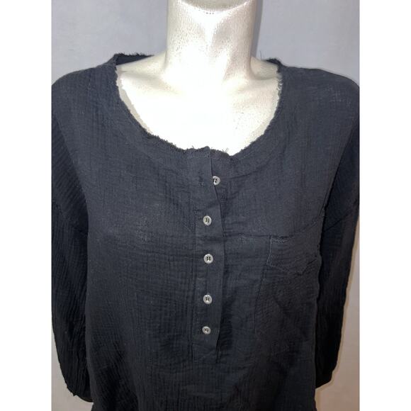 7 For All Mankind Top Women's L Black Oversized Long Sleeve Raw Hem Henley Shirt - Picture 2 of 10